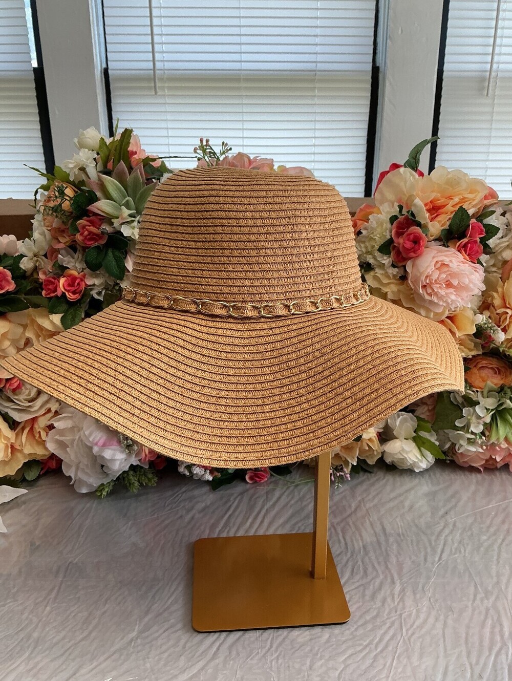 Natural Wide Brim Sun Hat Gold Chain Woven Ribbon One Size